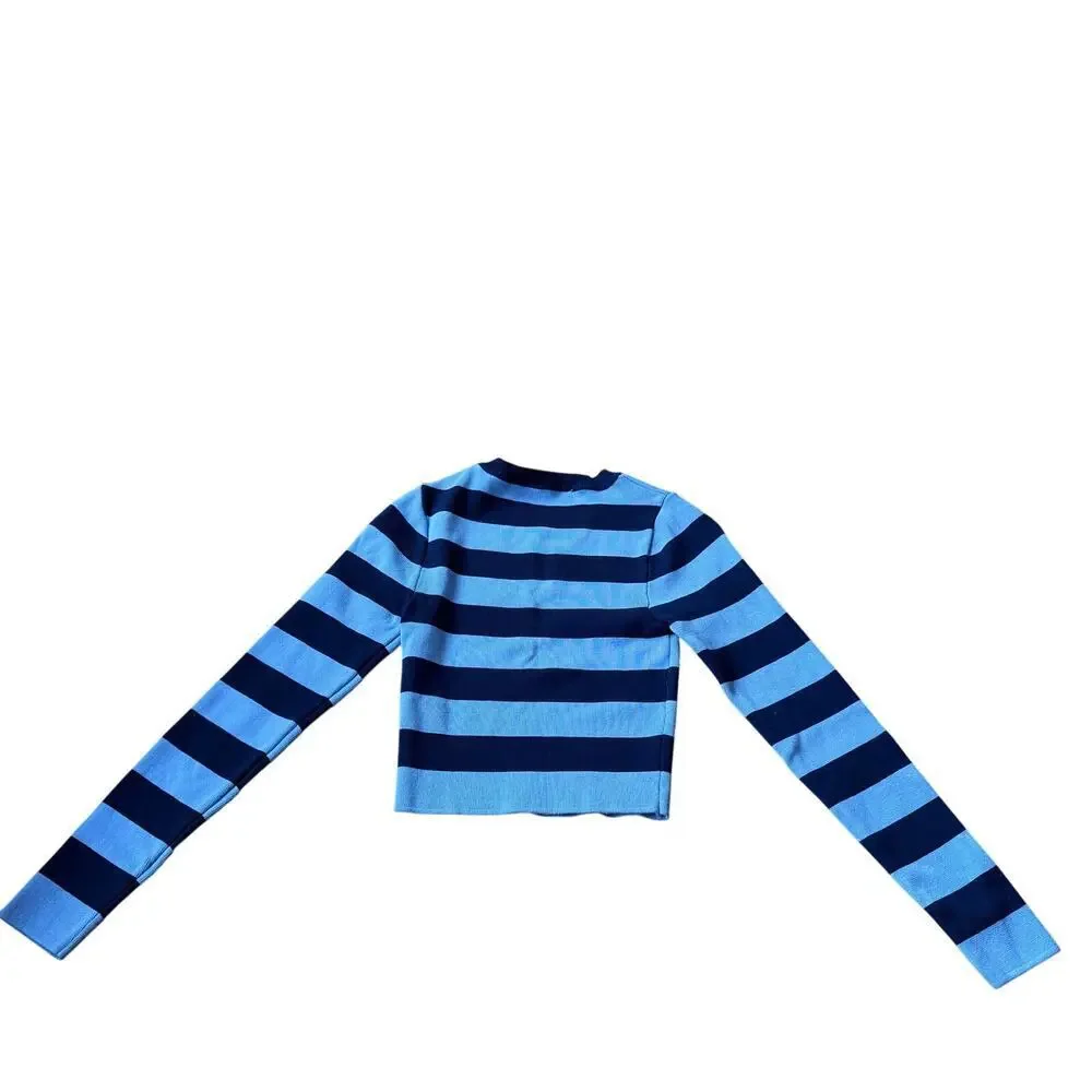 Zara Navy Blue Striped Ribbed Knit Long Sleeve Cropped Top Size S 90's Y2K